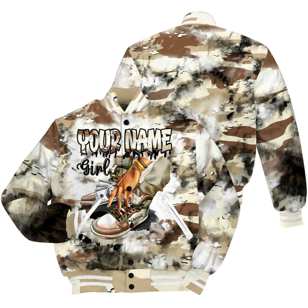 Varsity Jacket To Match Desert Camo 3s - Custom Name SNEAKER Girl Money Drip Tie Dye All Over Print
