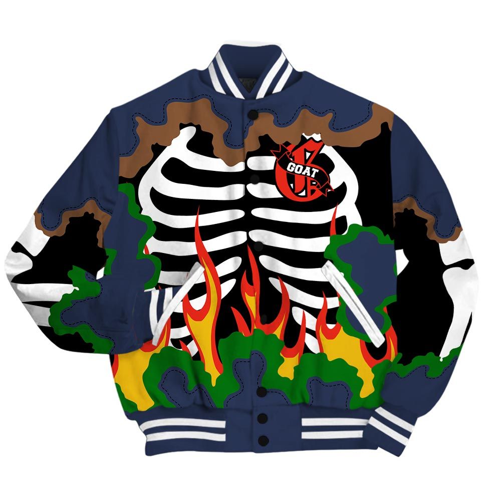 Varsity Jacket To Match Midnight Navy 13s - G.O.A.T 23 Skeleton Flame Baseball Varsity Jacket Outfit