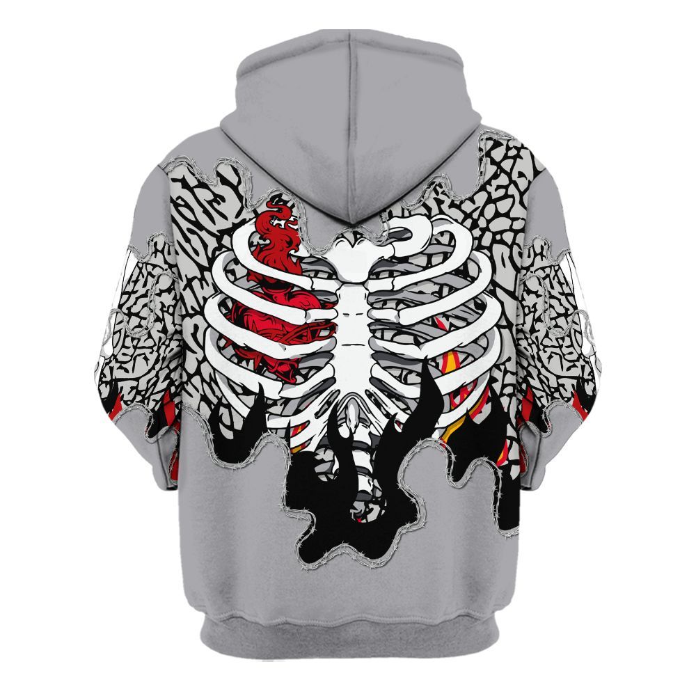 Hoodie To Match Cement Grey 3s - Skeleton Heart On Fire All Over Print