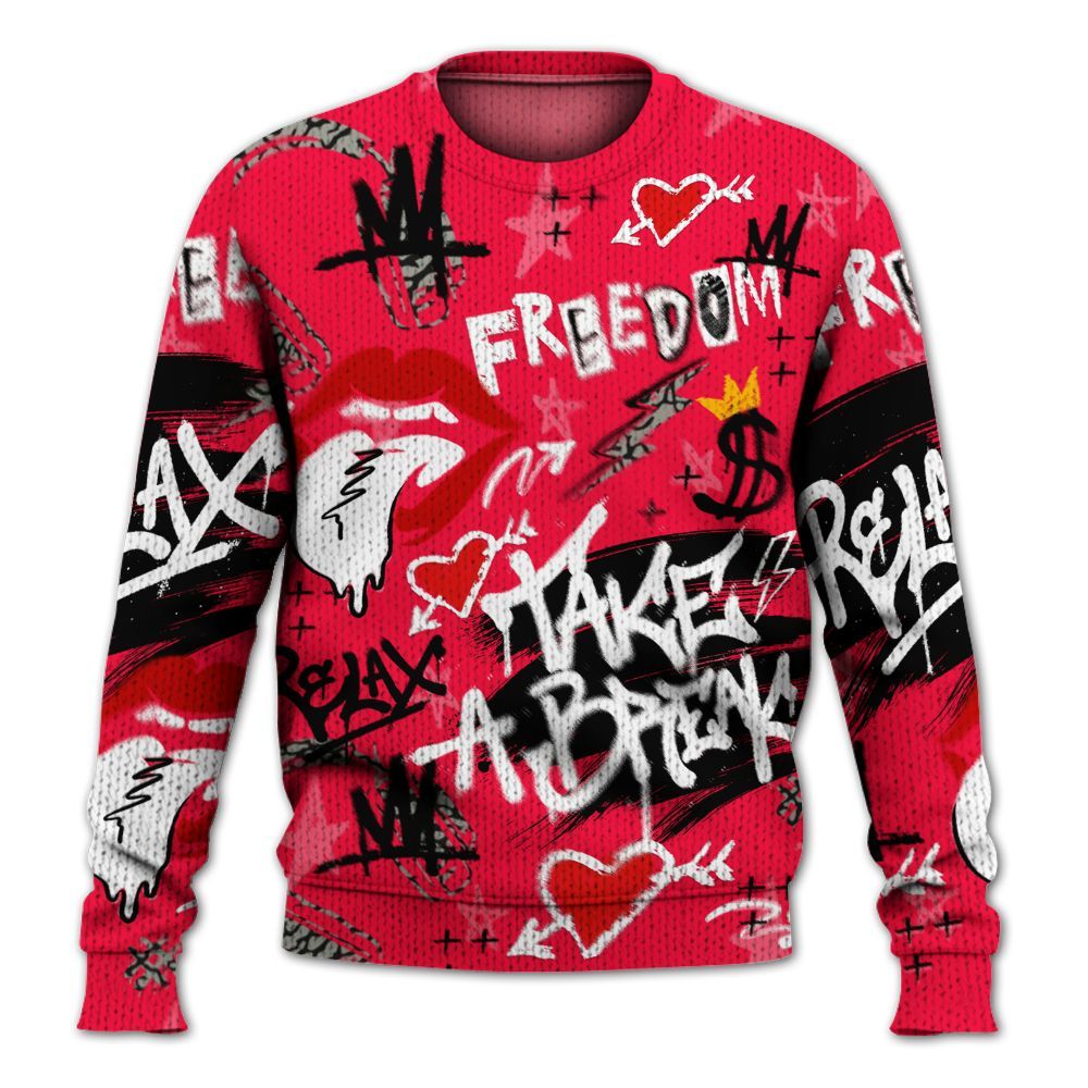 Knitted Sweater To Match Retro Fire Red 3s - Take Break Freedom Graffiti Streetwear