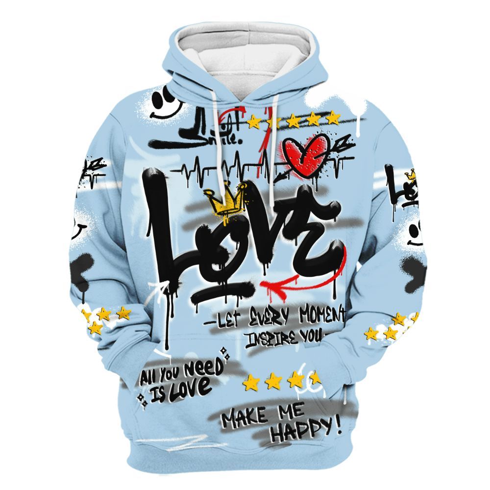 Hoodie To Match Foamposite One Psychic Blue - Happy Love Beats Graffiti All Over Print