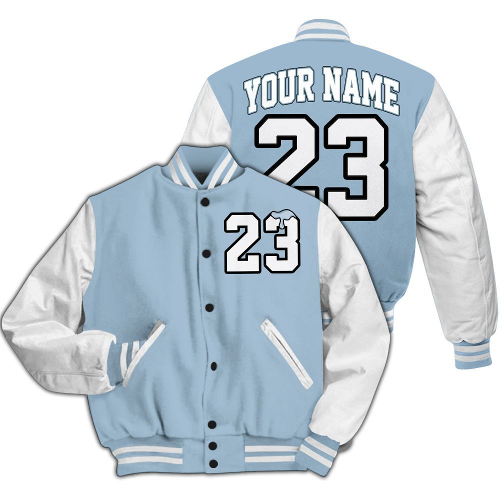 Varsity Jacket To Match Mid Ice Blue 1s - Custom Name Number 23 Drip All Over Print