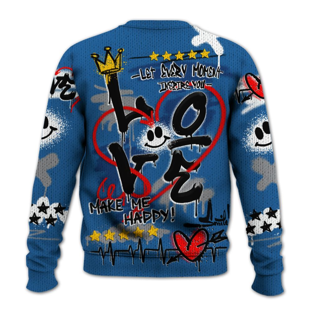 Knitted Sweater To Match French Blue 13s - Happy Love Beats Graffiti Streetwear