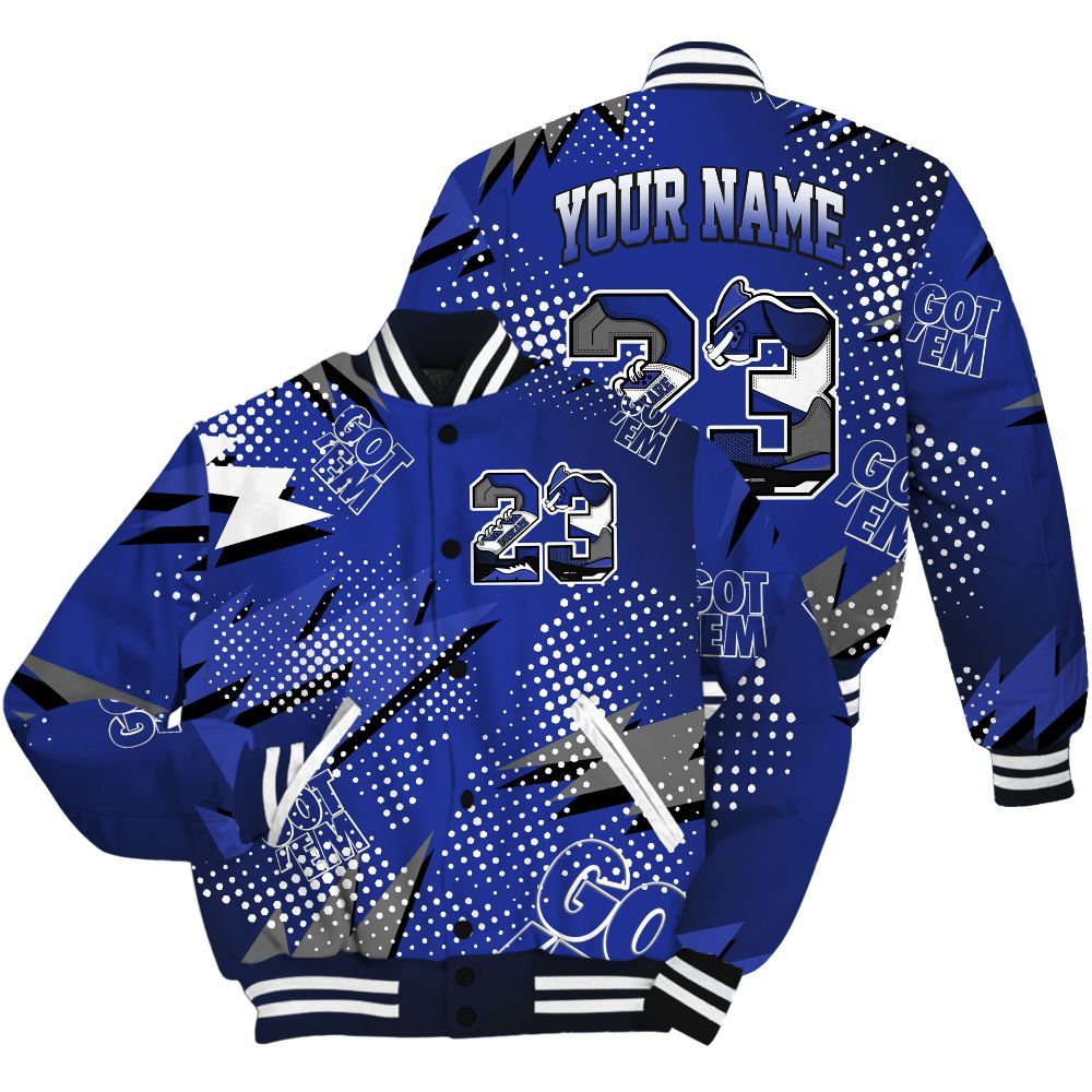 Varsity Jacket To Match Air Max Plus Black Racer Blue Shirt, Custom Name Number 23 5s All Over Print