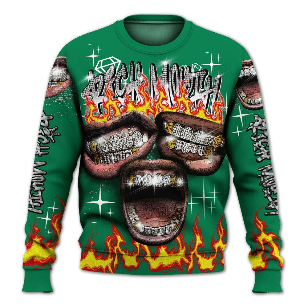 Sweatshirt To Match Pine Green 3s - Rich Mouth Fire Rap Retro 90s All Over Print