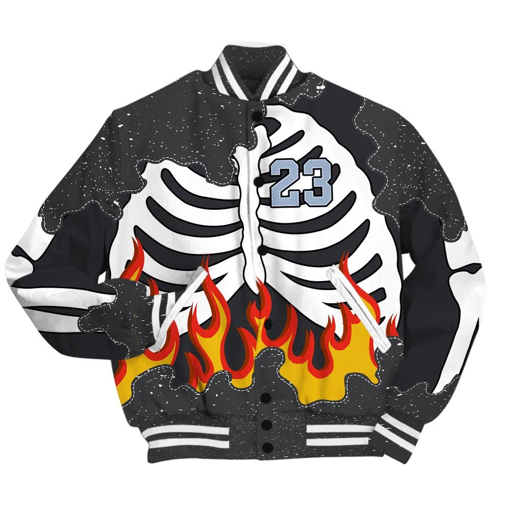 Varsity Jacket To Match Reverse Black White 6s - Number 23 Skeleton Flame Baseball Varsity Jacket