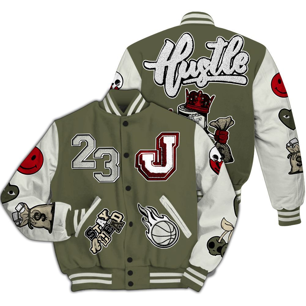 Varsity Jacket To Match Travis Scott Low OG Medium Olive 1s - Hustles Money Number 23 All Over Print