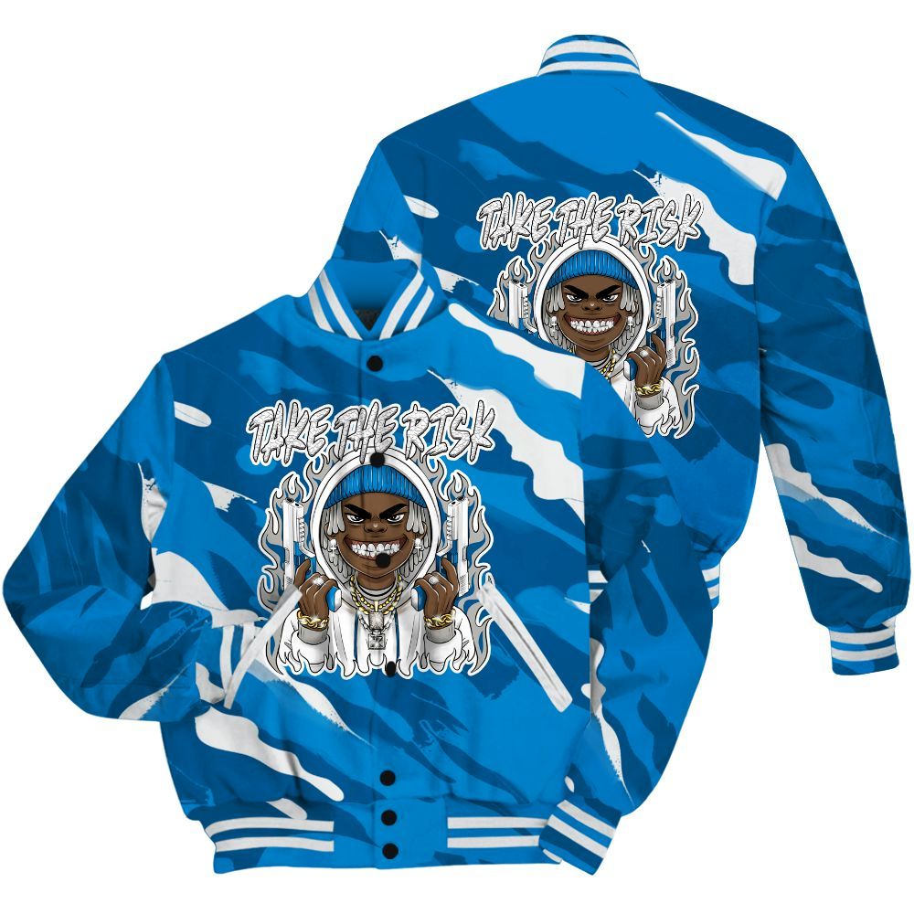 Varsity Jacket To Match Industrial Blue 4s Shirt - Take The Risk Colored All Over Print
