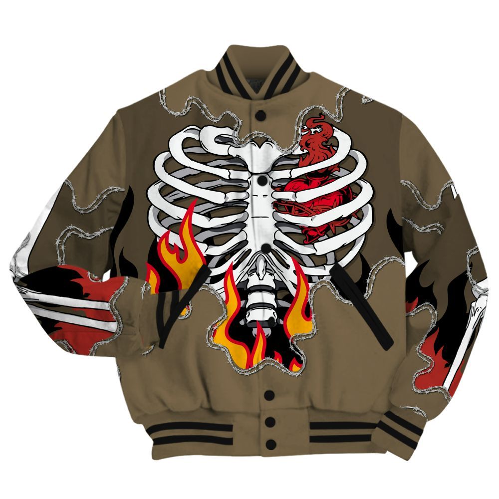 Varsity Jacket To Match Olive 9s Shirt, Skeleton Heart On Fire All Over Print
