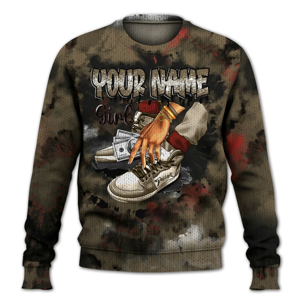 Knitted Sweater To Match Olive 9s - Custom Name SNEAKER Girl Money Drip Tie Dye