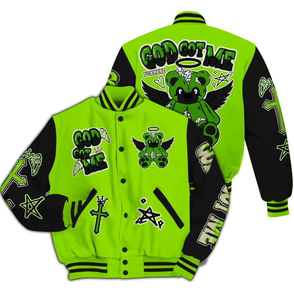 Varsity Jacket To Match Electric Green 6s - Gods Guides Me Bear All Over Print
