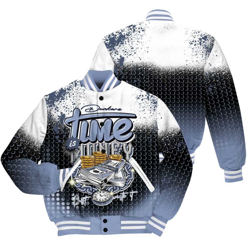 Varsity Jacket To Match Retro Blue Grey 13s Shirt, Halftone Time Is Money All Over Print