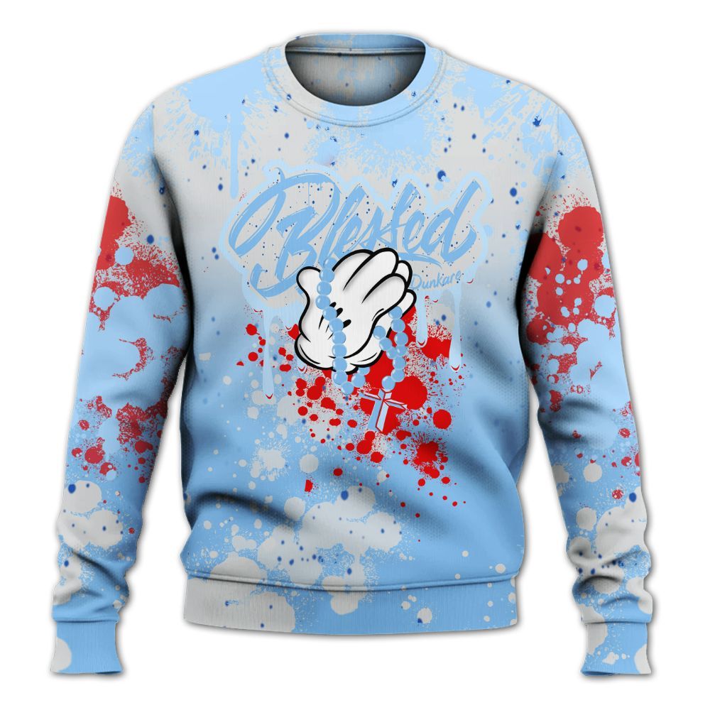 Sweatshirt To Match University Blue 5s - God Blessed Ink Drip All Over Print