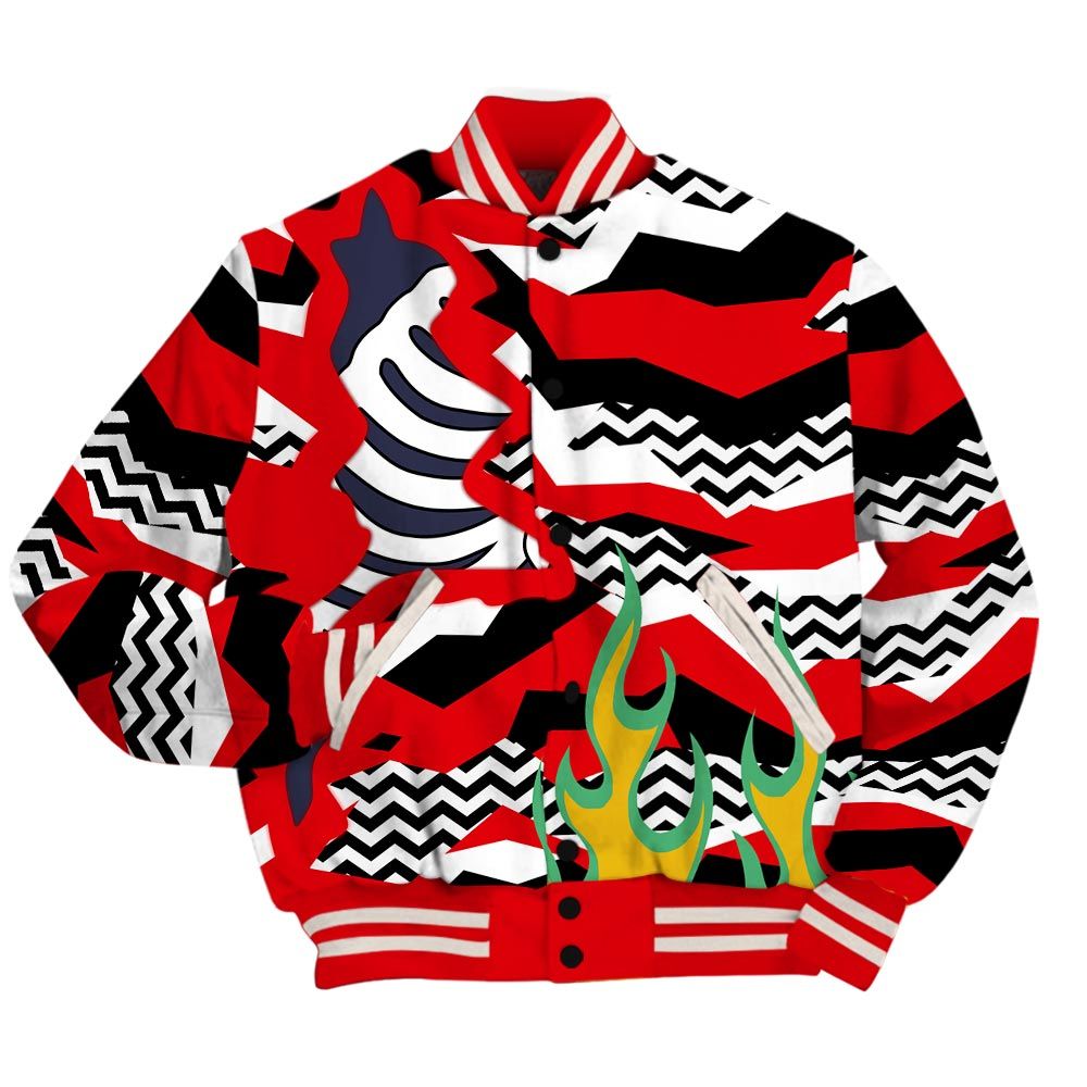 Varsity Jacket To Match Low OG Howard Bison 1s - Retro Geometric Camouflage Flame Baseball Varsity Jacket Outfit