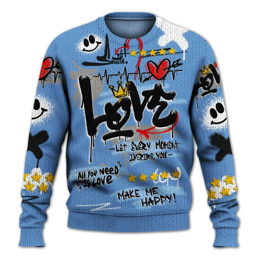 Sweater To Match Black University Blue 5s - Happy Love Beats Graffiti Streetwear Graphic