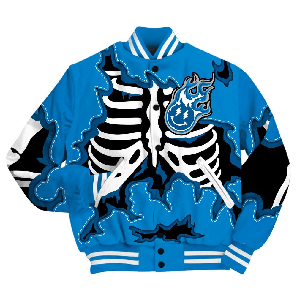 Varsity Jacket To Match Industrial Blue 4s Shirt, Skeleton Smiley Face Military Blue 4s All Over Print