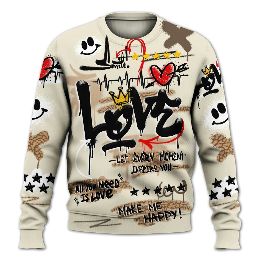 Sweatshirt To Match Orewood Brown 3s - Happy Love Beats Graffiti Streetwear All Over Print