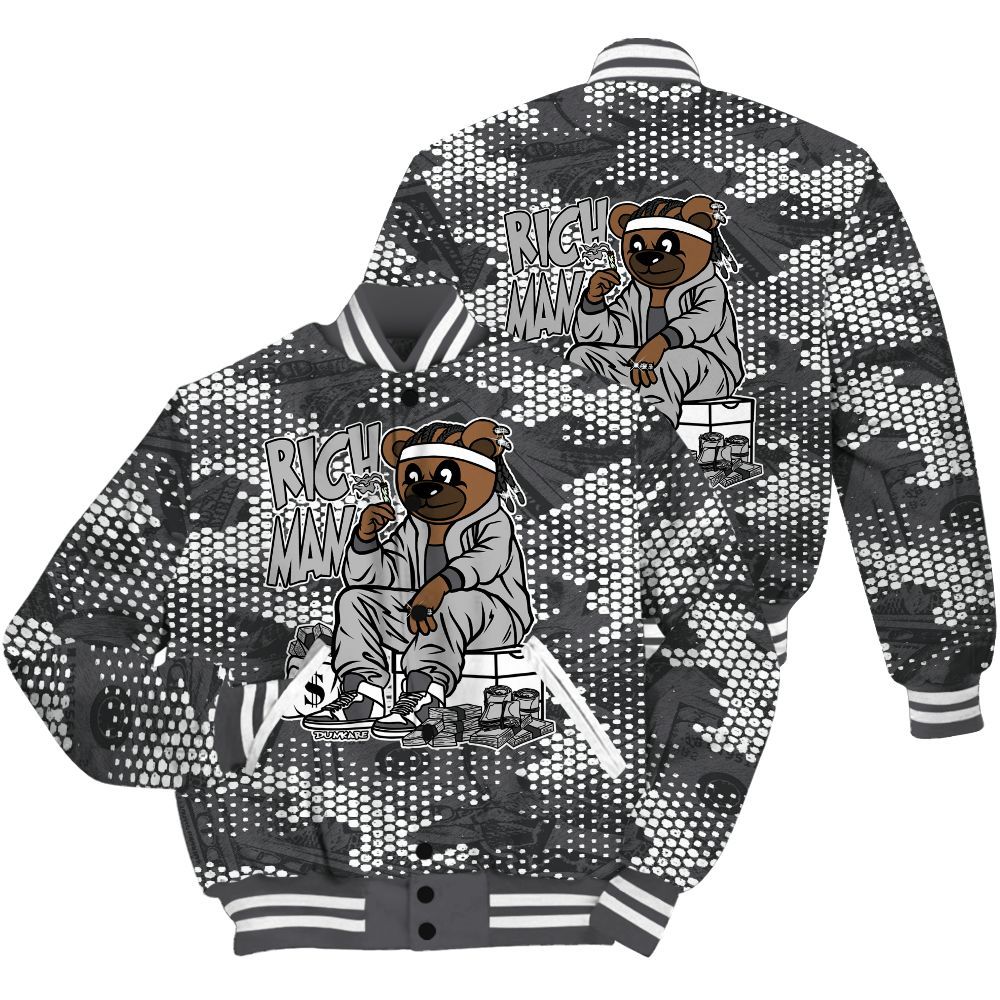 Varsity Jacket To Match White Thunder 4s Shirt - Rich Man Bear Banknotes Art All Over Print