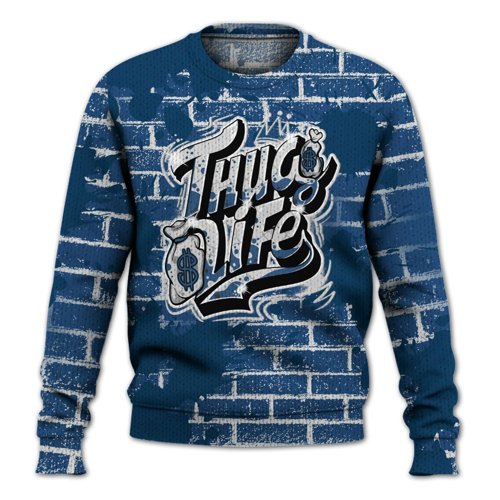 Knitted Sweater To Match High OG Midnight Navy 1s - Free Thug Living Graphic Brick Art
