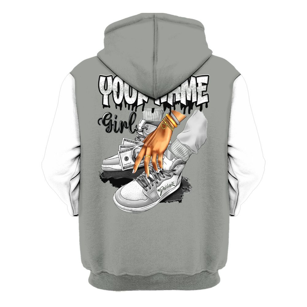 Hoodie To Match Paris Cement Grey 4s Varsity Jacket, Custom Name Sneaker Girl Money All Over Print