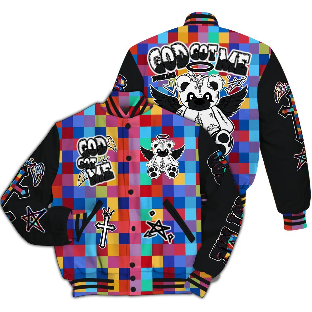 Varsity Jacket To Match Air Rainbow Weave - Gods Guides Me Bear All Over Print