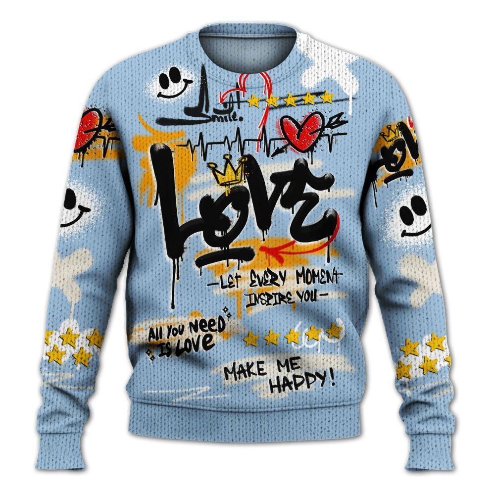 Sweater To Match Retro High OG Pale Ivory Psychic Blue 1s - Happy Love Beats Graffiti Streetwear Graphic