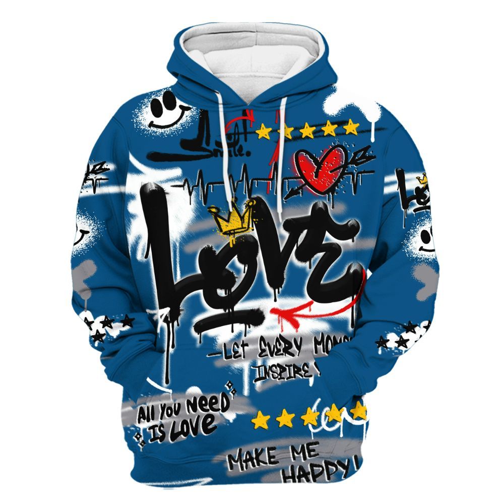 Hoodie To Match High OG True Blue 1s - Happy Love Beats Graffiti Streetwear All Over Print