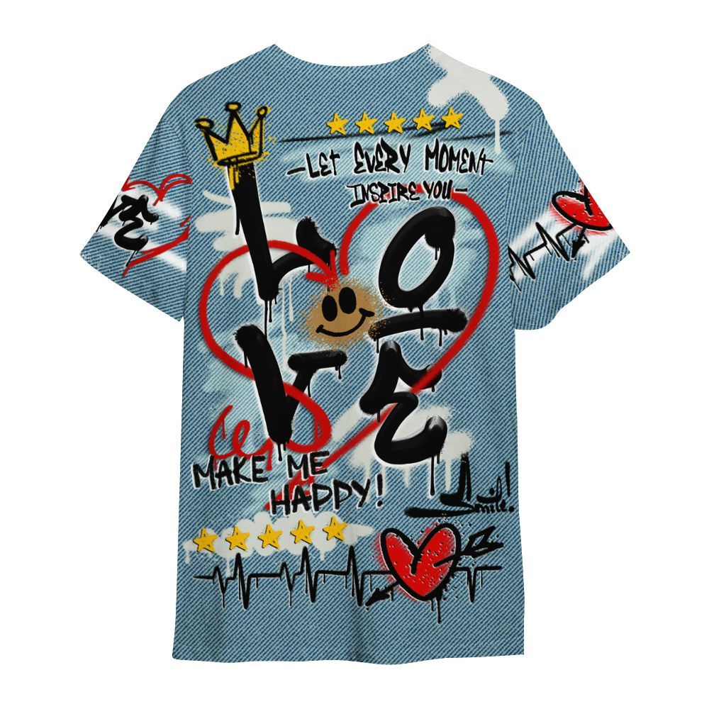 Shirt To Match Denim Worn Blue 2025 4s - Happy Love Beats Graffiti Streetwear All Over Print