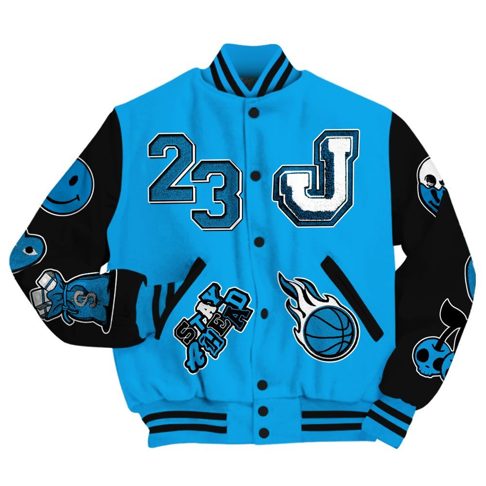 Varsity Jacket To Match Black University Blue 2022 13s - Hustles Money Number 23 All Over Print