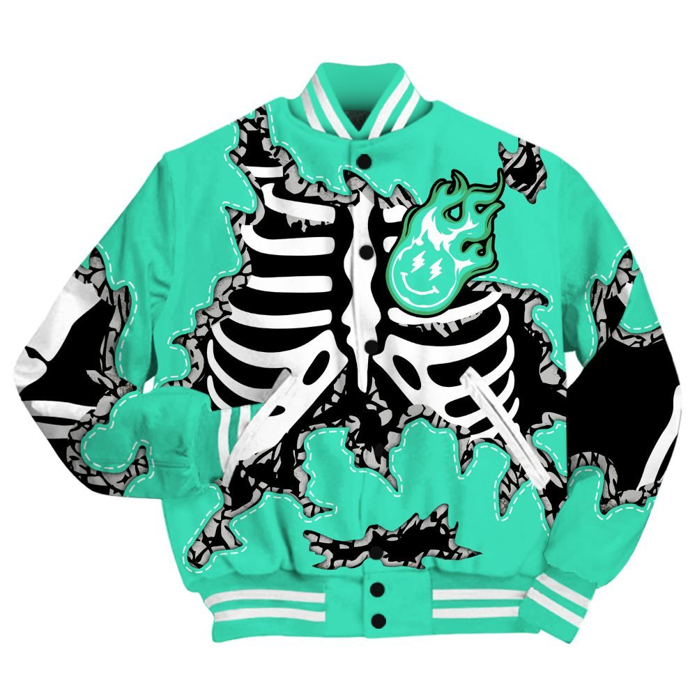 Varsity Jacket To Match Black Green Glow 3s Shirt, Skeleton Smiley Face Green Glow 3s All Over Print