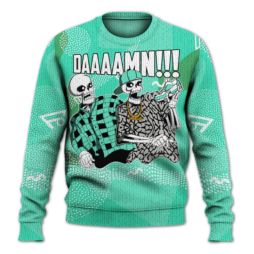 Knitted Sweater To Match Black Green Glow 3s - Graphic Meme Damnn Green Glow 3s Outfit