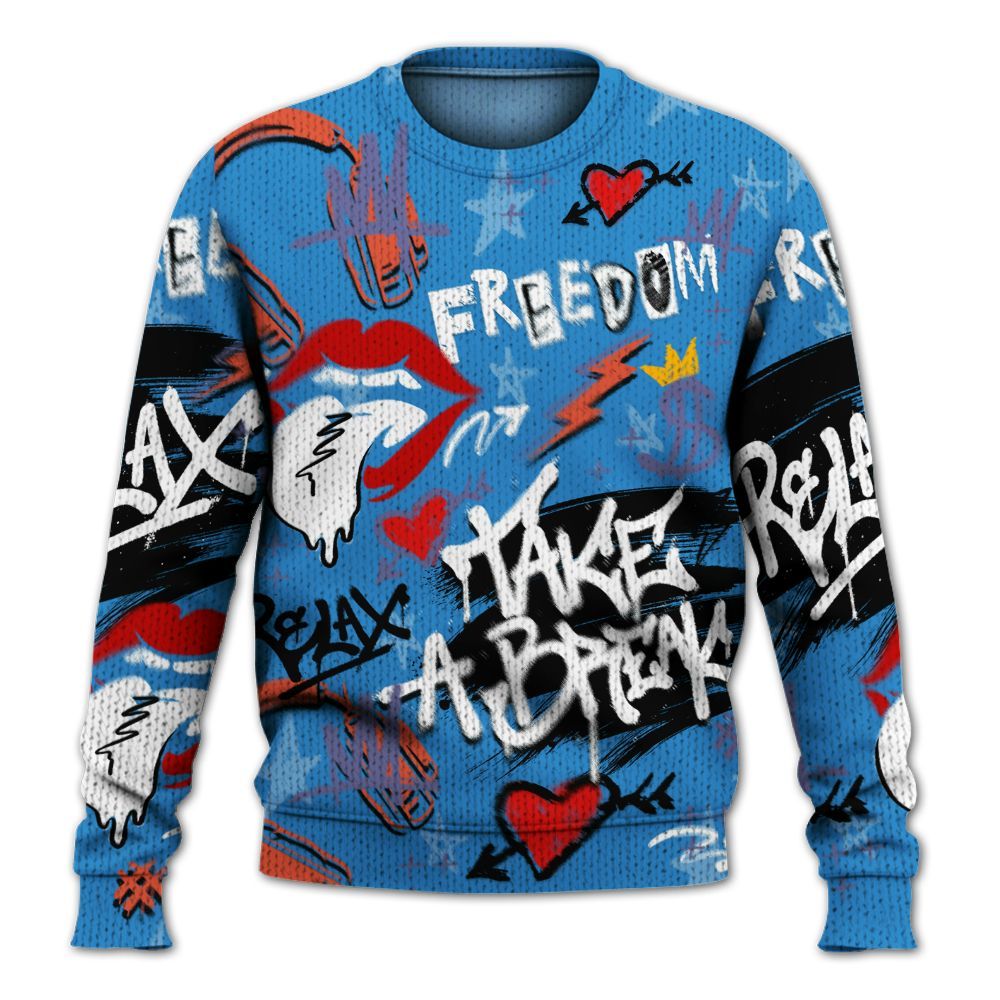 Knitted Sweater To Match Hi-Res Blue 700s - Take Break Freedom Graffiti Streetwear