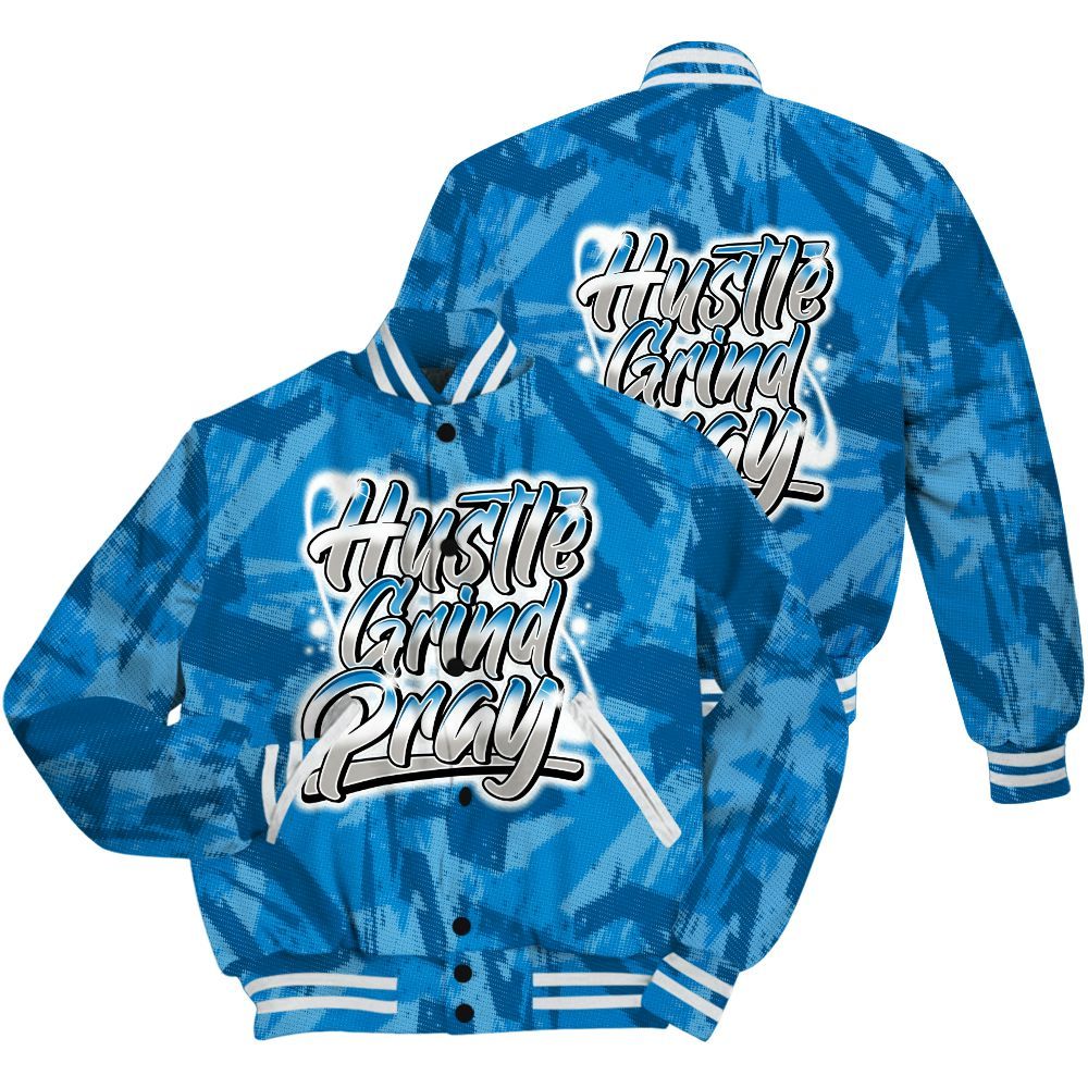Varsity Jacket To Match Industrial Blue 4s Shirt - Hustles And Prayer Graphic Halftone All Over Print