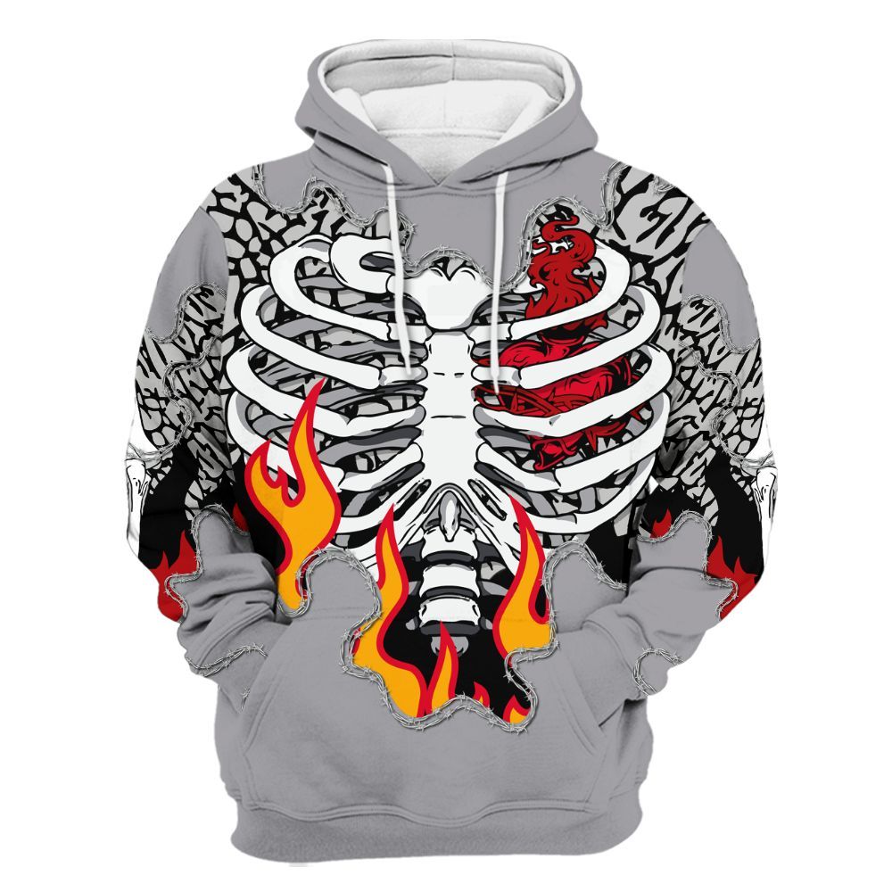 Hoodie To Match Cement Grey 3s - Skeleton Heart On Fire All Over Print