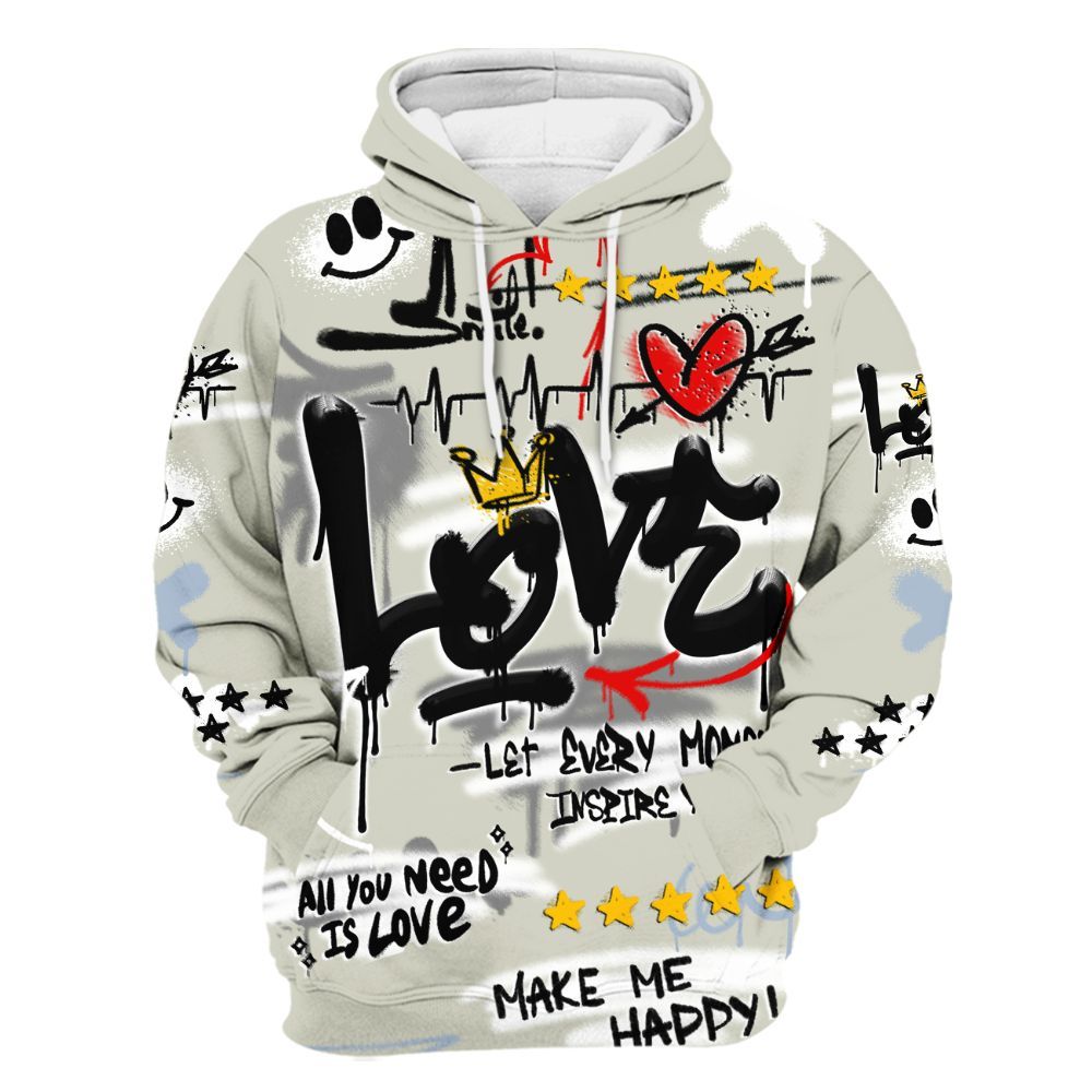 Hoodie To Match Low OG Wolf Grey 1s - Happy Love Beats Graffiti Streetwear All Over Print