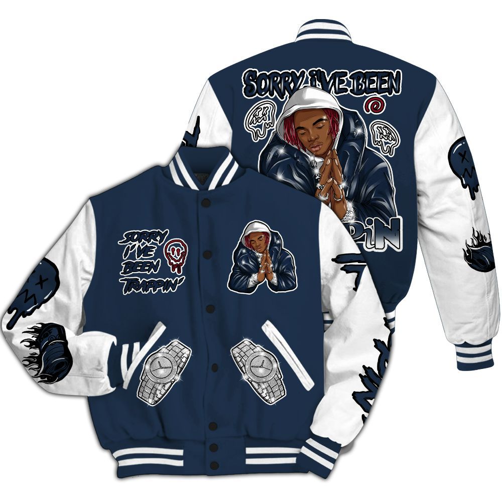 Varsity Jacket To Match White Midnight Navy 6s - Trappin' Unique All Over Print