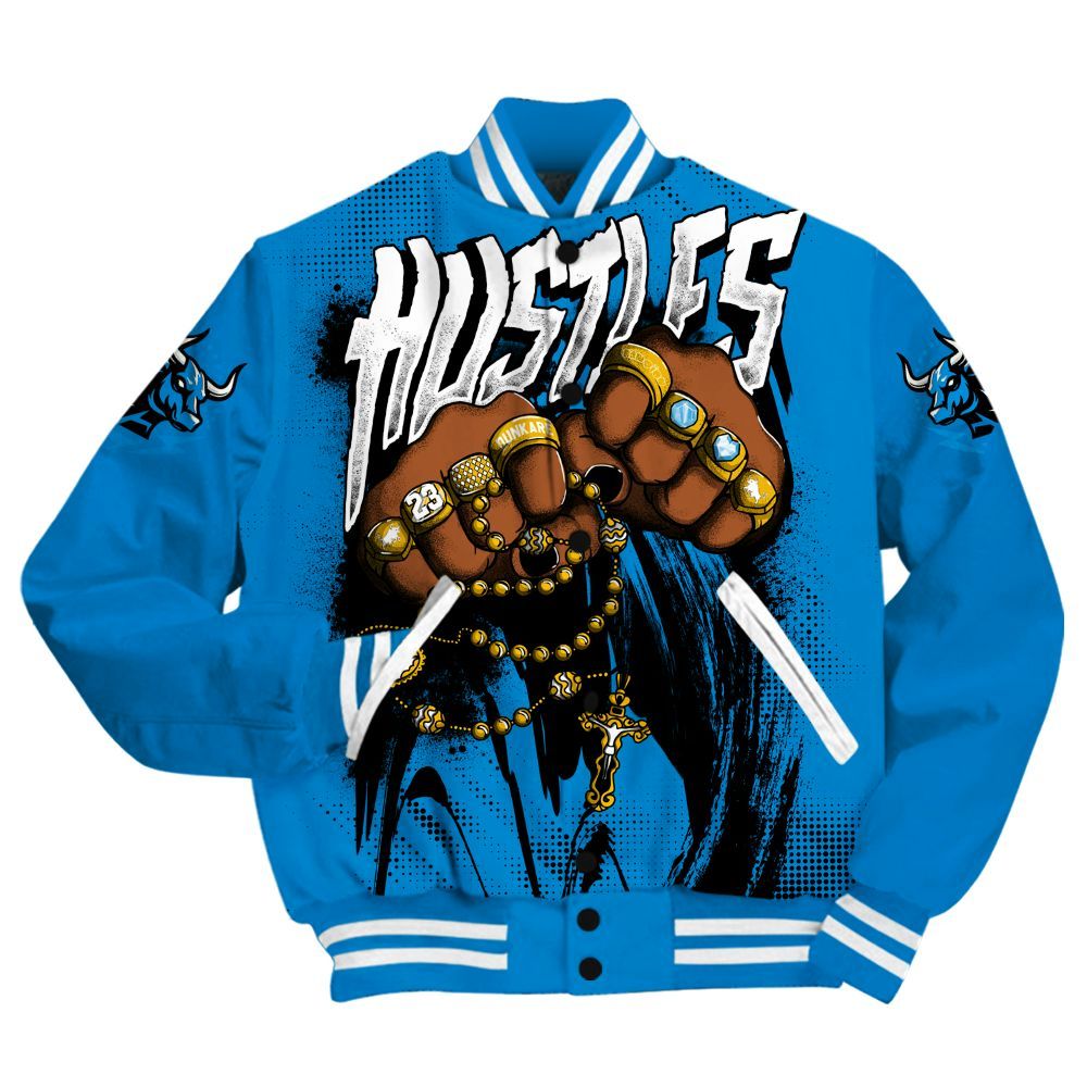 Varsity Jacket To Match Industrial Blue 4s - Hustle Make Money Military Blue 4s All Over Print