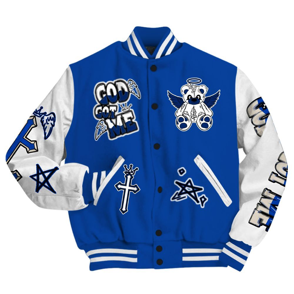 Varsity Jacket To Match Low Game Royal 1s - Gods Guides Me Bear All Over Print