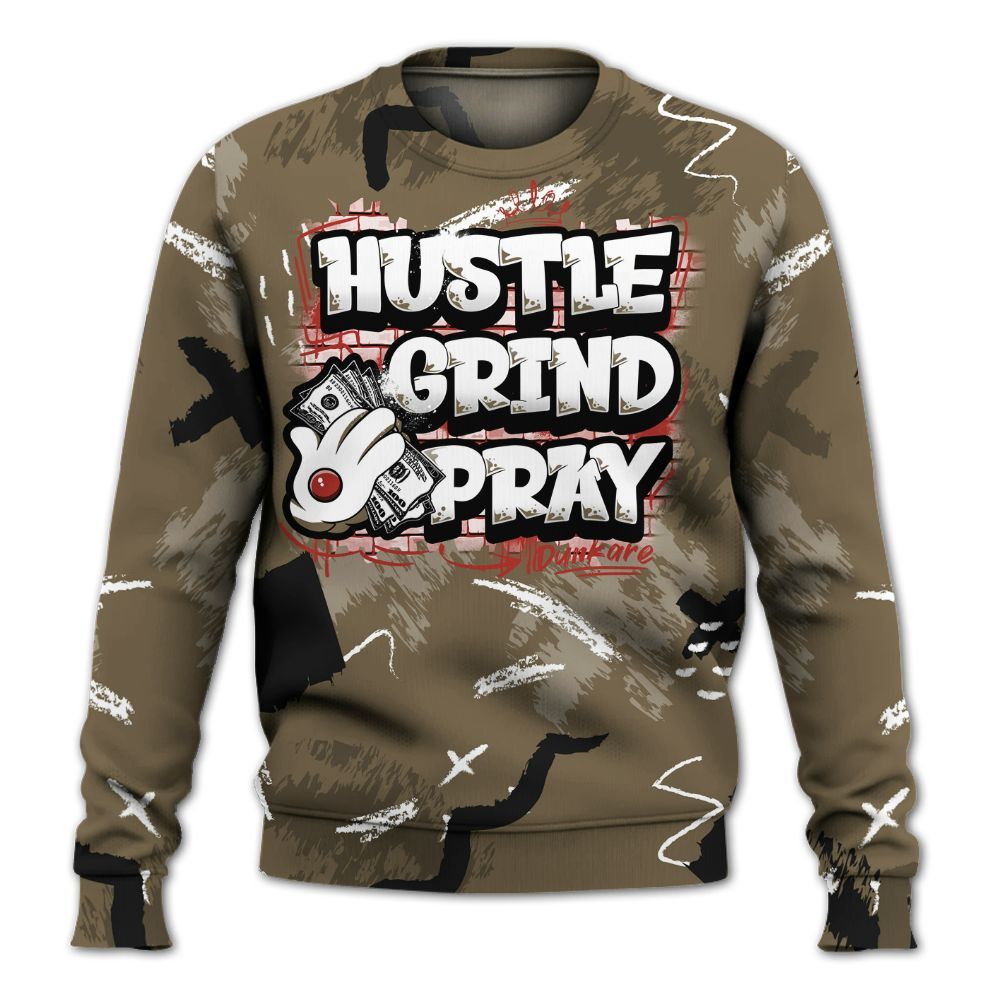Sweatshirt To Match Olive 9s - Hustle Grind Pray Retro All Over Print