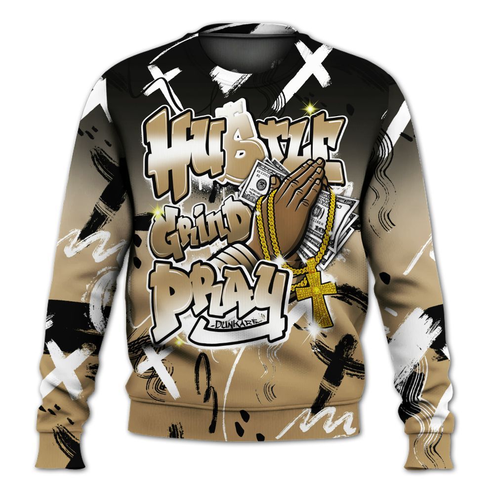 Sweatshirt To Match High OG Black Metallic Gold 1s - Money Hustle Grind Pray All Over Print