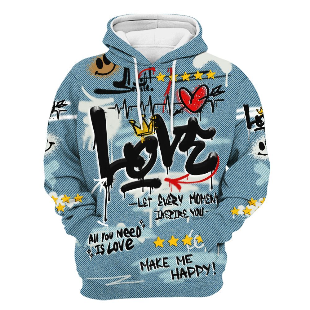 Hoodie To Match Denim Worn Blue 2025 4s - Happy Love Beats Graffiti Streetwear All Over Print