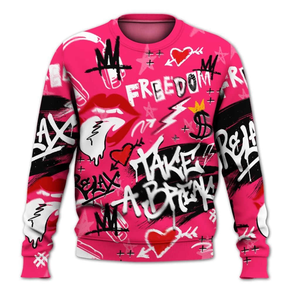 Sweatshirt To Match A'One Hyper Pink Shirt, Take Break Freedom Graffiti Streetwear All Over Print
