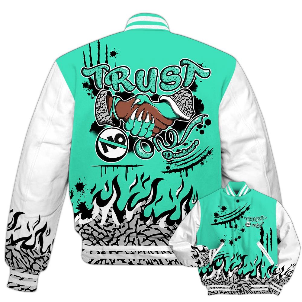 Varsity Jacket To Match Black Green Glow 3s - Graphic Trust No One Varsity Jacket Green Glow 3s Outfit