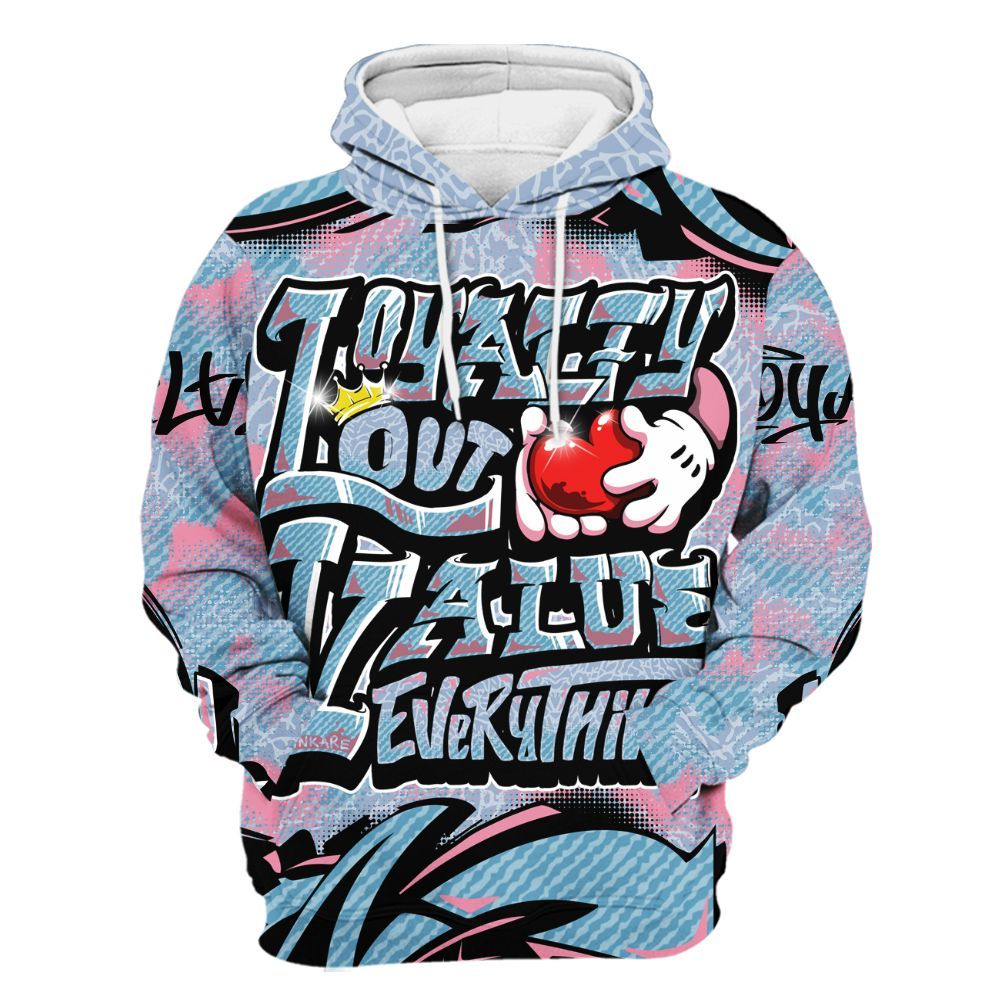 Hoodie To Match Denim Pink Glow 3s - Loyalty Out Value Graffiti All Over Print