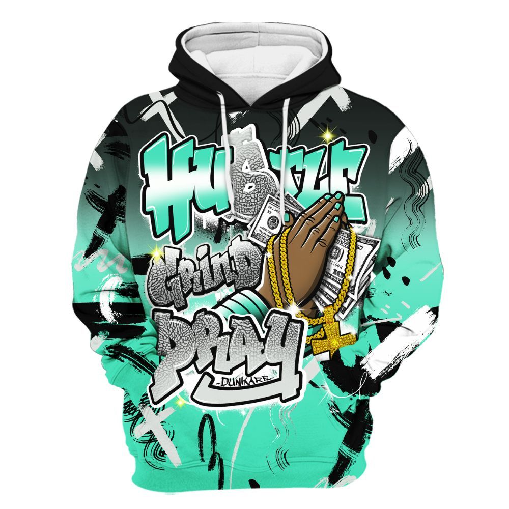 Hoodie To Match Black Green Glow 3s - Money Hustle Grind Pray All Over Print