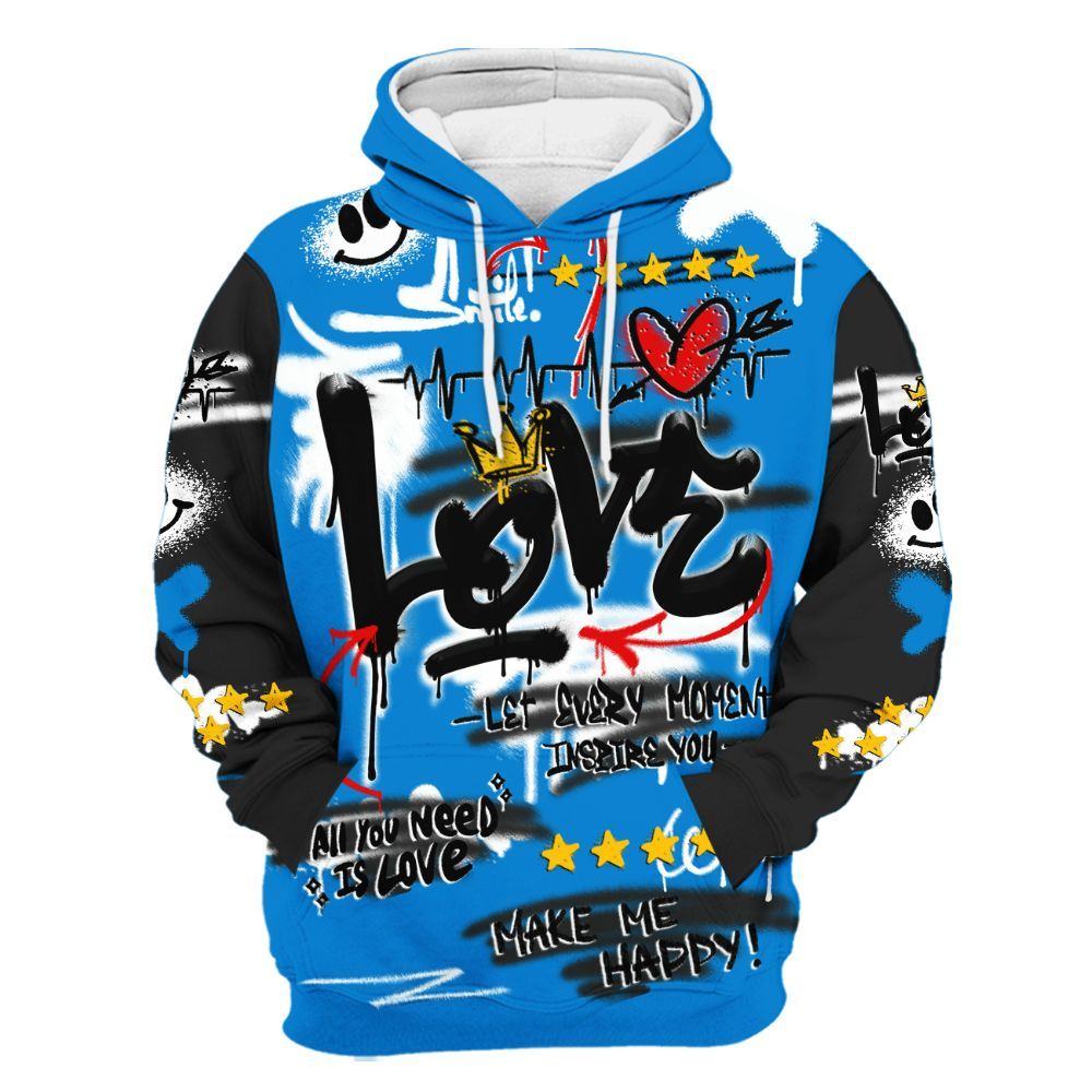 Hoodie To Match High OG FragmentxULA White Black 1s - Happy Love Beats Graffiti Streetwear All Over Print