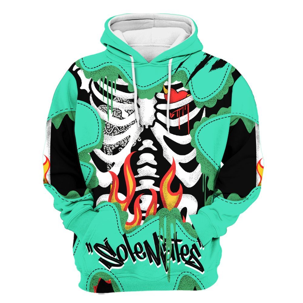 Hoodie To Match Black Green Glow 3s - Skeleton Burning Heart Drip Green Glow 3s All Over Print