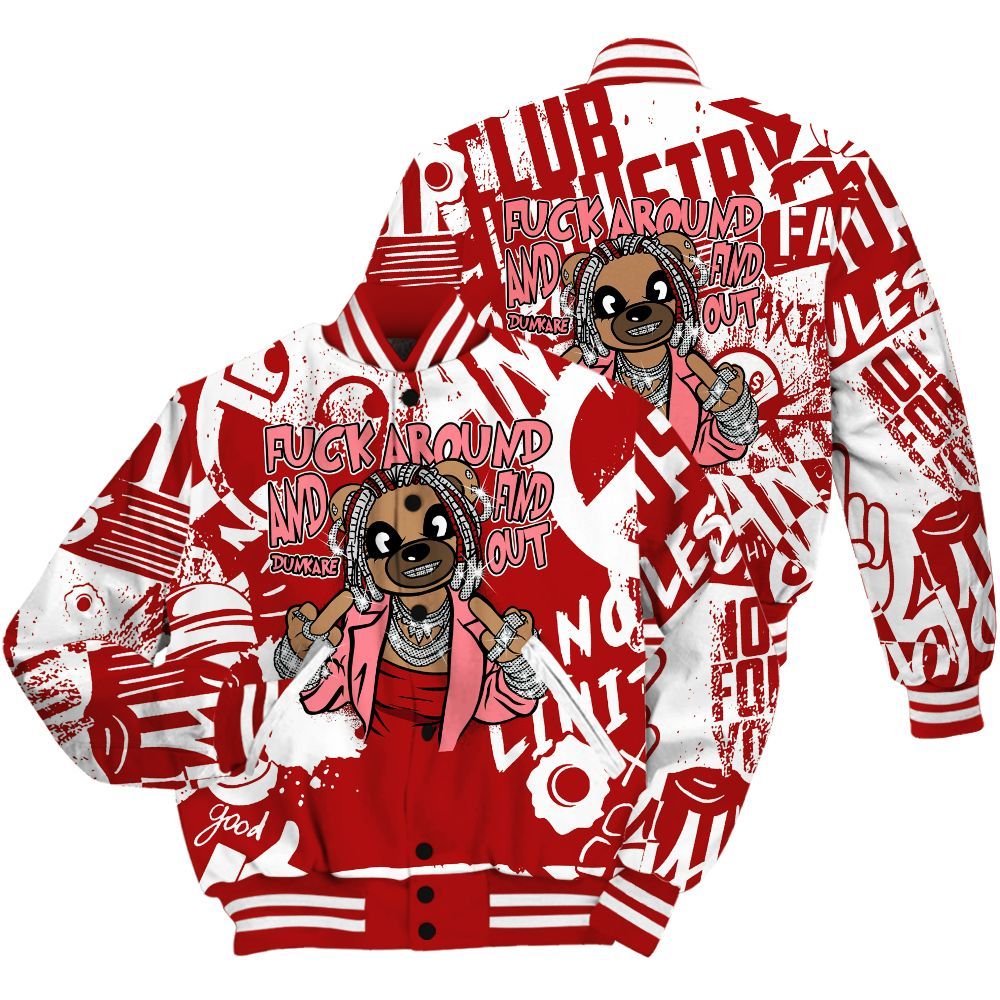 Varsity Jacket To Match Red Taxi 12s Shirt - F#ck Around Bear Bear Monogram Graffiti All Over Print