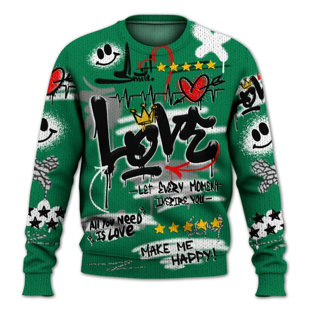 Knitted Sweater To Match Pine Green 3s - Happy Love Beats Graffiti Streetwear