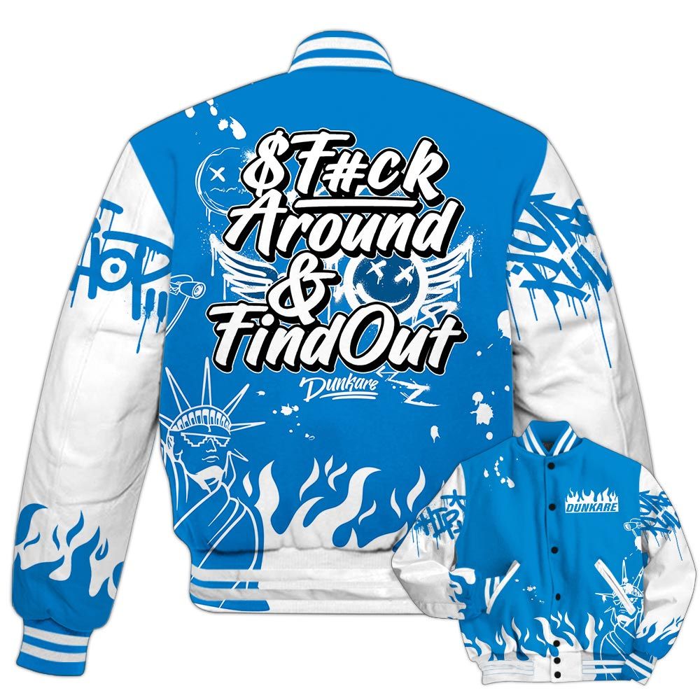 Varsity Jacket To Match Industrial Blue 4s - Graphic Fck Around Find Out Varsity Jacket Military Blue 4s Outfit